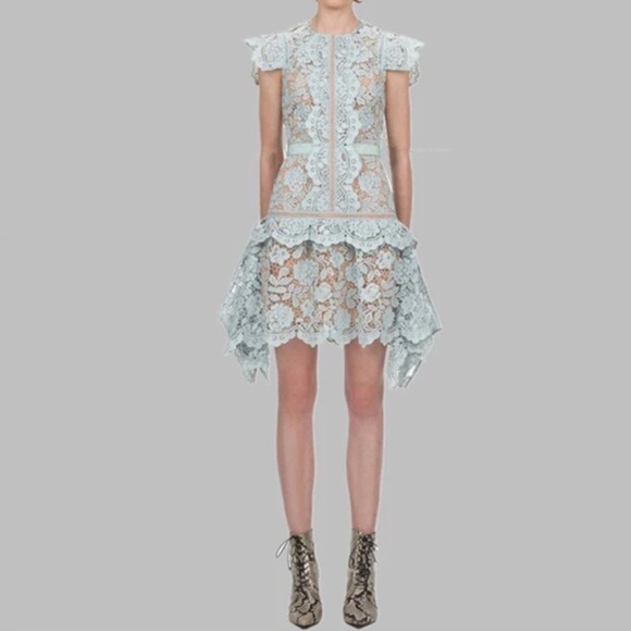 #152 Elegant Butterfly Sleeve Crochet Lace Casual O-neck High Waist Dress - Picture 4 of 16